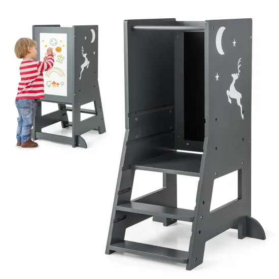 3 in 1 Multi-functional Design Kids Kitchen Standing Stool Tower with Chalkboard and Whiteboard Gray {8}