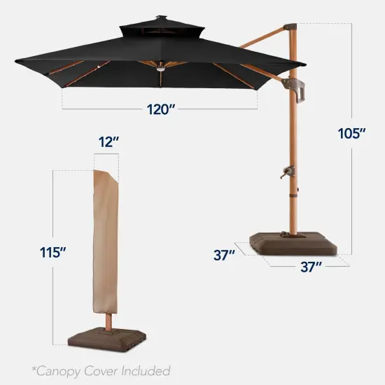 Best Choice Products 10ft Square Woodgrain Pattern 2-Tier Outdoor Solar LED Cantilever Umbrella w/ Base Black {2}