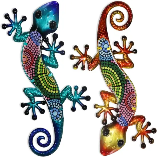 Summer Metal Gecko Wall Art 2 Pack 15 Inch Lizard Outdoor Decor Hanging Glass Sculpture Decoration for Garden Fence Home {1}