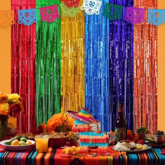 Cinco de Mayo Decorations, 2 Pack Fiesta Foil Fringe Curtains Backdrop, 3.3x6.6ft Mexican Themed Tinsel Streamers, Perfect for Spain Taco Party Photo Booth Props, Dia De Los Muertos Decor {3}