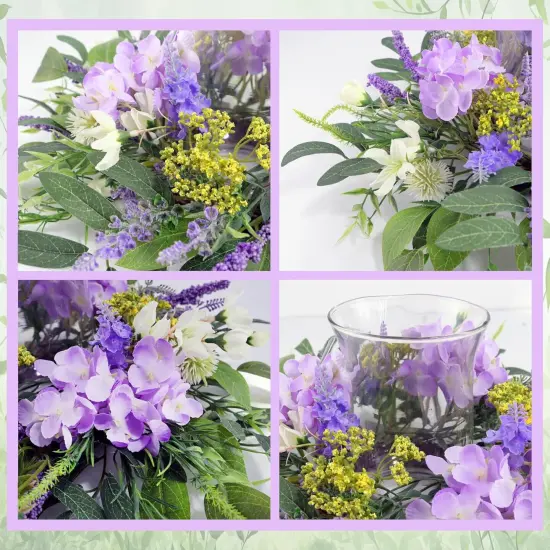 Hydrangea Floral Candle Holder Centerpiece &ndash; Artificial Silk Flowers with Glass Votive for Dining Table, Coffee Table, Fireplace Mantel, Wedding & Party Decor, Spring & Summer Home Decoration {4}