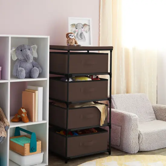 4-Tier Tall Closet Dresser with Drawers - Clothes Organizer and Small Fabric Storage for Bedroom (Dark Brown) {3}