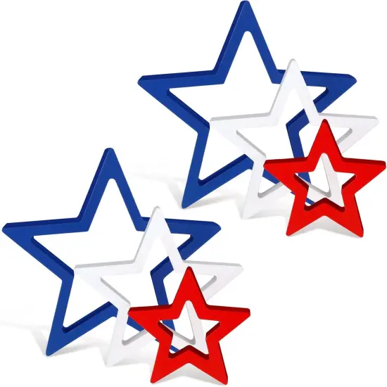 6 Pieces 4th of July Wooden Star Signs Patriotic Decoration Memorial Day Table Decor for Home Independence Day Tiered Tray Shelf Decor (White,Blue and Red) {1}