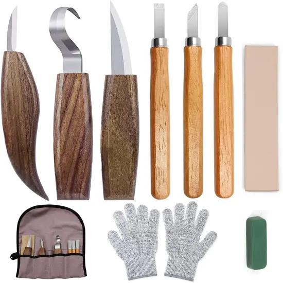 10Pcs Wood Carving Kit, Beginner Set With Resistant Gloves, Spoon & Whittling Knife, Sandpaper for Woodworking {1}