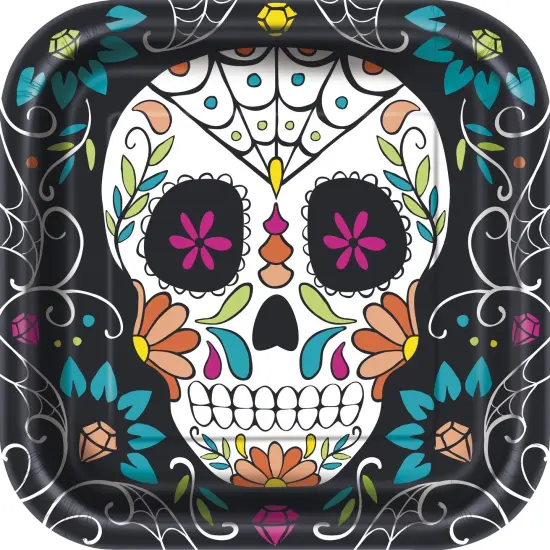 Skull Day of the Dead Square 9" Dinner Plates - 8ct {1}
