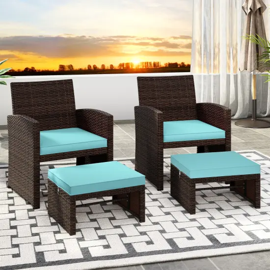 2 Piece Mix Brown Rattan Ottoman Footstool with Cushions, Metal Frame and 400 lbs Capacity Turquoise {2}