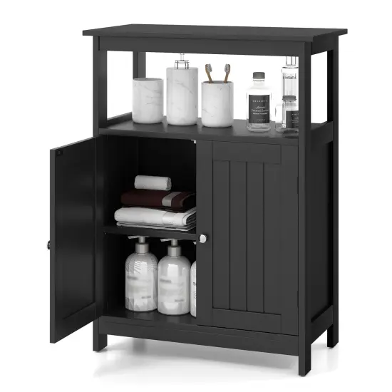 Freestanding Bathroom Storage Cabinet with Open Compartment and Adjustable Shelf Black {3}