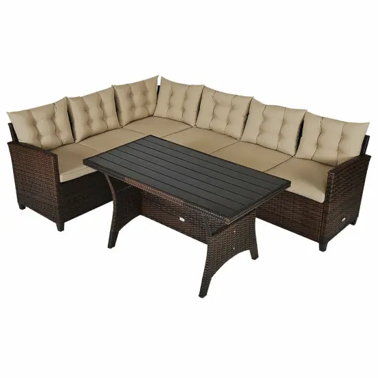 3 Pcs 6 Seats Rattan Dining Set Patio Furniture Sofa with Cushions {1}