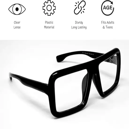 4E's Novelty Black Oversized Thick Glasses &ndash; Non-Prescription Clear Lens Square Frame, Fake Huge Nerd Eyewear for Adults & Kids, Vector Velma Costume, Halloween, Cosplay & Retro Fashion Accessories {6}