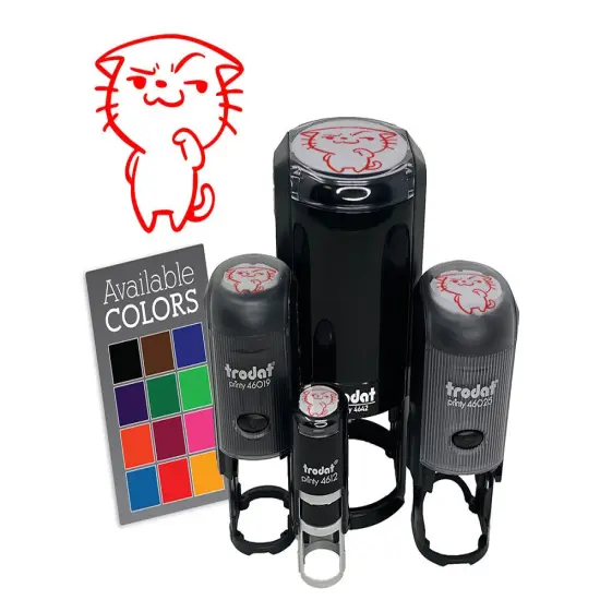 Cheeky Cartoon Cat Smirk Smile Self-Inking Rubber Stamp Crafting Planners Red {7}