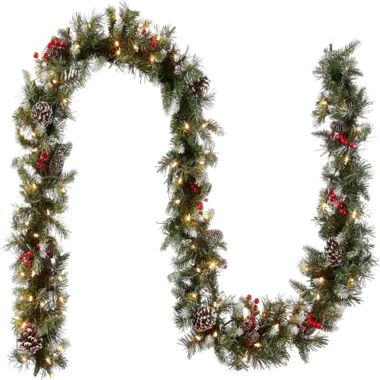 9 Feet -Pre-Lit Artificial Christmas Garland, Green, Frosted Berry, White Lights {1}