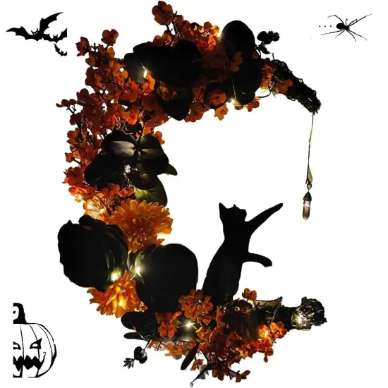Halloween Wreaths Moon Cat Wreath Garland for Front Door with Lights - Yellow {1}