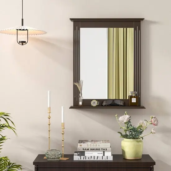 Rectangular MDF Bathroom Wall Mirror with Shelf and Adjustable Frame Wood Finish for Small Spaces Dark Brown {4}