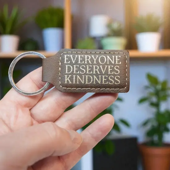 Keychain - Rectangle -Everyone Deserves Kindness - Leather Rawhide/Black {6}