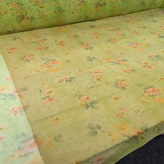 1 Yard Lime Green Organza Fabric with Orange Flowers Sheer Lightweight Polyester 58/59 inches wide {1}