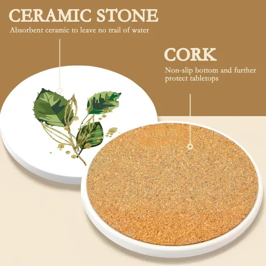 6 Pcs Green Plants Absorbent Ceramic Coasters with Cork Base {3}