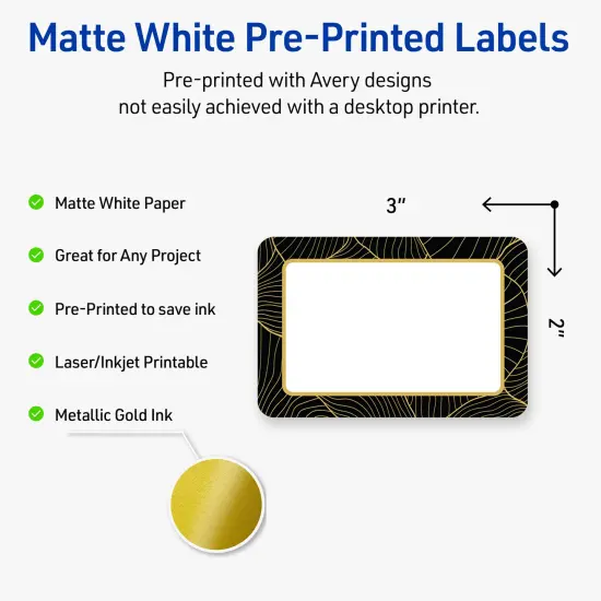 Avery Printable Rectangle Labels with Sure Feed Technology, Pre-Printed Black Border with Gold Pattern, Matte White, 2" x 3", Laser & Inkjet Compatible, 80 Total {2}