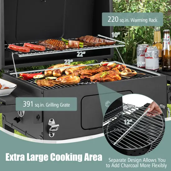 Extra Large Outdoor Charcoal Grill 611 Sq.In. Cooking Space, Adjustable Height Tray, Folding Tables {6}