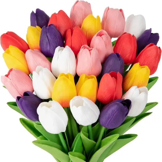 30PCS Summer Floral Arrangement &ndash; Artificial Tulip Flowers, Real Touch Faux PU Tulips for Table Centerpieces, Kitchen, Home Decor (Multi-Colors) {1}