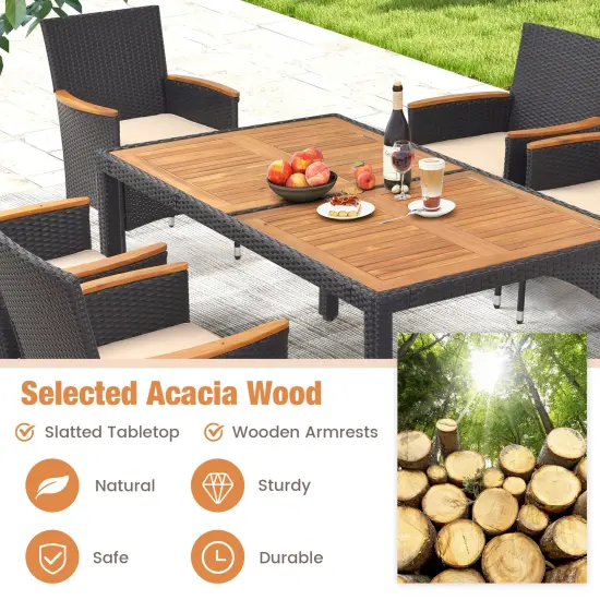 Acacia Wood 7-Piece Dining Set, Rattan Table, Cushioned Chairs and Umbrella Hole {6}