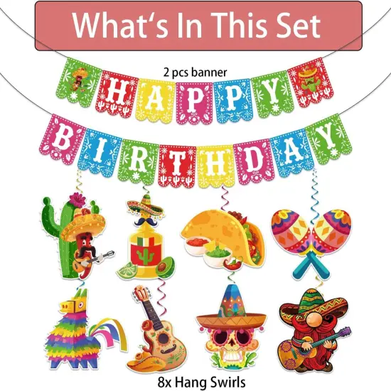Pre-strung Taco Birthday Party Decorations, with 1pcs Fiesta Happy Birthday Banner, 8pcs Cinco De Mayo Hanging Swirls, Mexican Birthday Party Decorations, Fiesta Birthday Party Decorations {3}