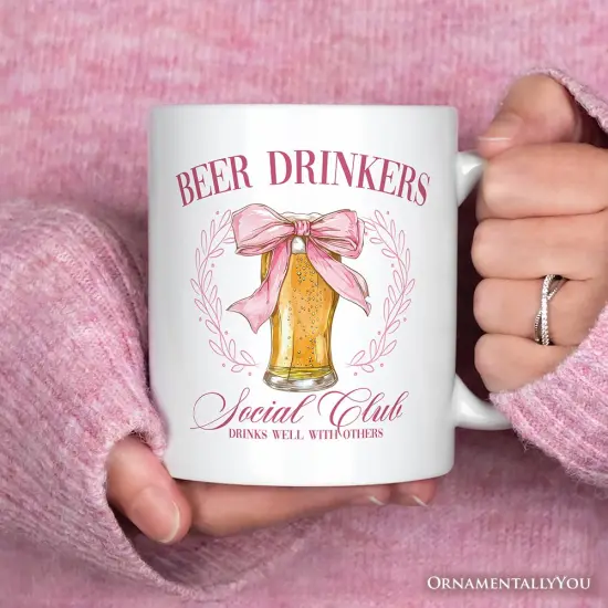 Beer Drinkers Social Club Mug, Coquette Pink Bow Gift for Girly Summer Bachelorette Vibes {2}