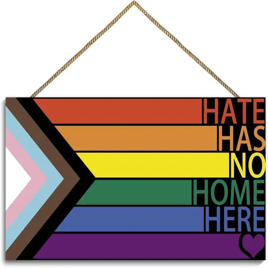 LGBT Rainbow Sign Front Door Decor, Hate Has No Home Here Pride Flag Wooden Wall Decor,Gay Pride Rainbow Decorations for Home Wall Porch Front Door Classroom {1}