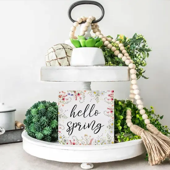 Spring Decor Farmhouse Desk Decorations Wooden Sign, Hello Spring Wood Plaque Block Sign Rustic Home Decor 5 x 5 Inches {2}