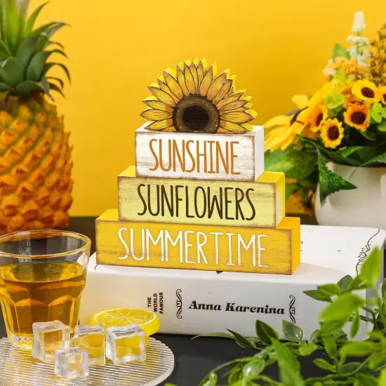 4 Pcs Summer Wooden Tiered Tray Decor Farmhouse Rustic Table Decor Books Stack Block Signs for Table & Home Office Decorations(Sunflower Style) {4}