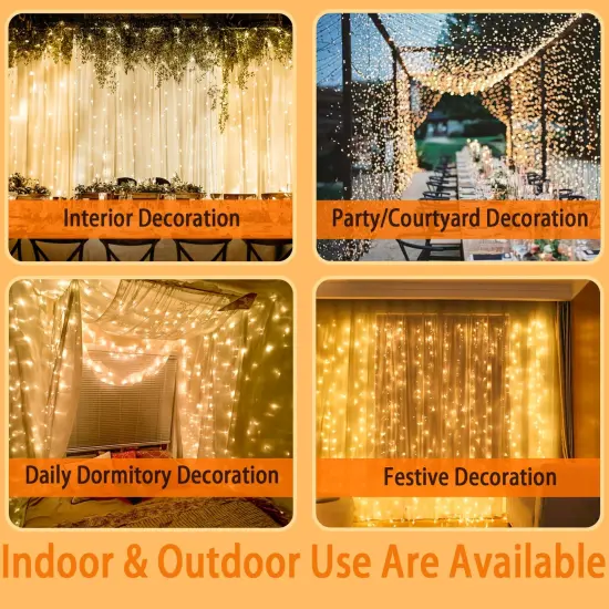 Eueasy 300 LED Curtain Lights, 9.8ft x 9.8ft Fairy Lights with 8 Modes, String Hanging Lights, Remote Control, Perfect for Indoor/Outdoor Christmas, Wedding, Party Wall Decorations (Warm White) {4}