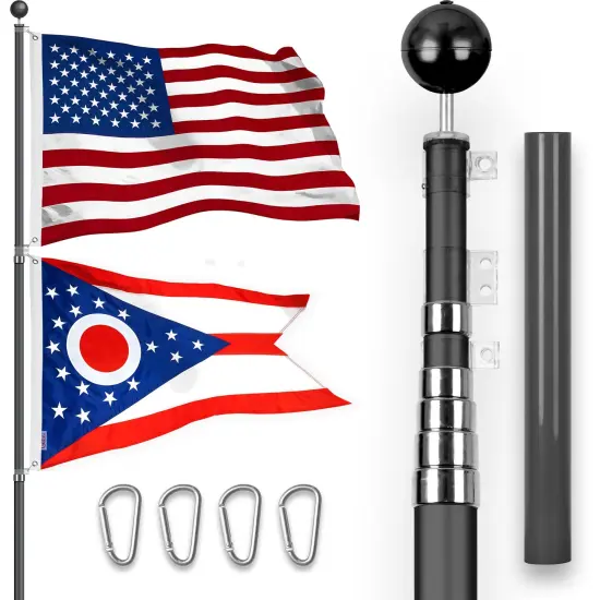 G128 Combo Pack: 25 Ft Telescoping Aluminum Flagpole (Black) & American and Ohio Flags 3x5 Ft, Both StormFlyer Series Embroidered 220GSM Spun Polyester | Pole with Flags Included {1}