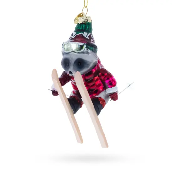 Skiing Raccoon Glass Christmas Ornament {1}