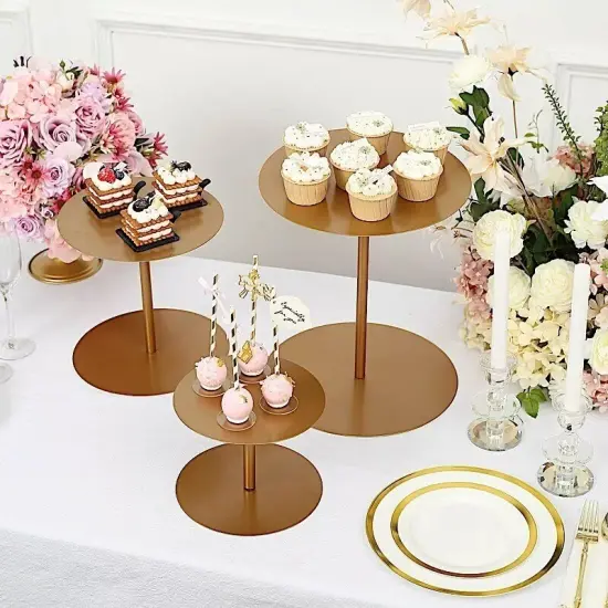 3 Gold Round Metal CUPCAKE STANDS Dessert Display Riser Party Events Decorations {4}