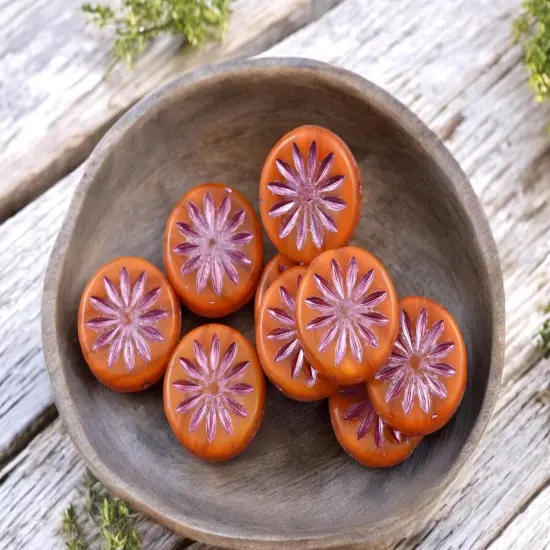 *15* 12mm Pink Washed Orange Opaline Aster Flower Coin Beads {1}