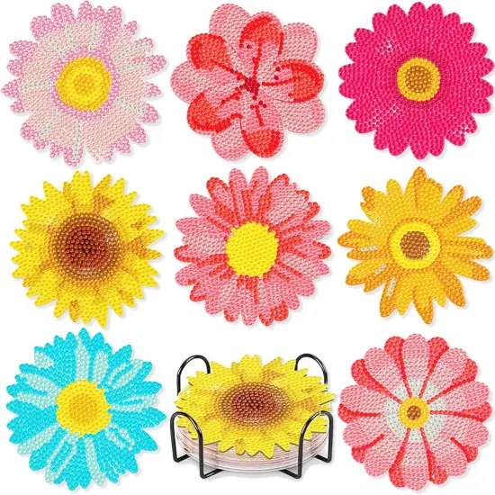8PCS Flower Diamond Art Coasters Small Diamond Painting Kits for Adults Beginners Women Gem Art Coasters with Holder Funny DIY Crafts for Home Decor {1}