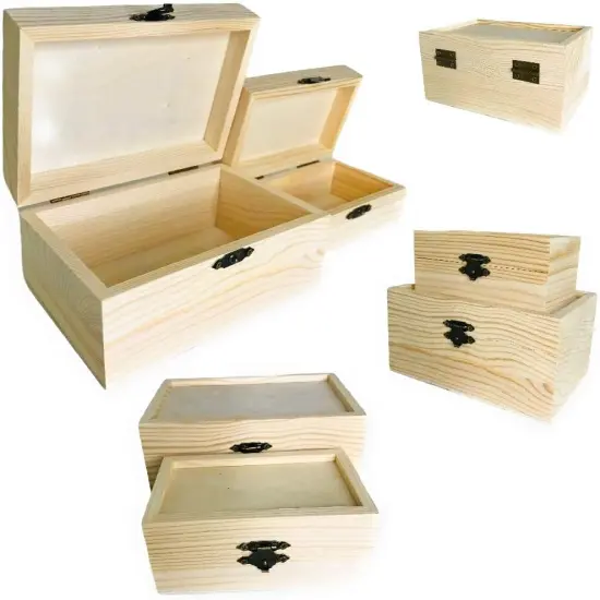 12 Pc Rectangle Unfinished Wood Box Natural DIY Craft Stash Boxes with Hinged Lid and Front Clasp for Arts Hobbies Comes in 2 Different Sizes {2}