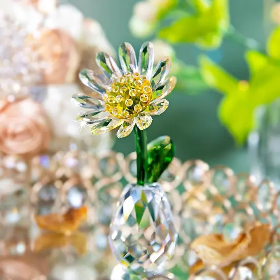 Summer Crystal Daisy Flower Figurine Ornament Paperweight Glass Flower Home Office Tabletop Decor Souvenir Gifts for Birthday Christmas {2}