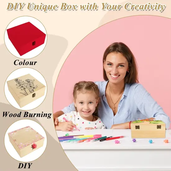 2Pcs Large Wooden Box, 12.6" x 8" x 3.1" Unfinished Wooden Box with Hinged Lid, Reusable Wood Boxes for Crafts,Gift, Home Storage, DIY Keepsake Box {2}