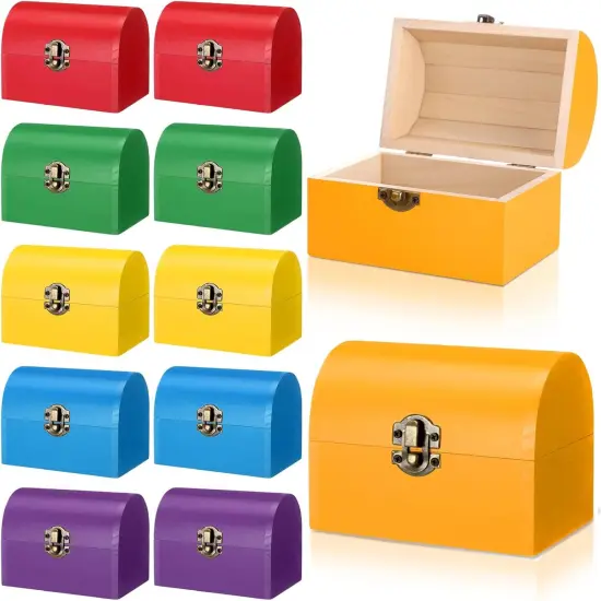 12 Pcs Unfinished Wooden Treasure Chest Boxes 4.7 x 3.5 x 3.1 Inch Mini Small DIY Treasure Chests Craft Bulk with Hinged Lid to Paint Party Gifts Prizes(Colorful) {1}