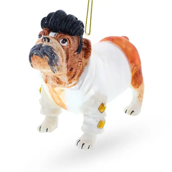 Elvis-Inspired Rock 'n' Roll Bulldog Glass Christmas Ornament {1}