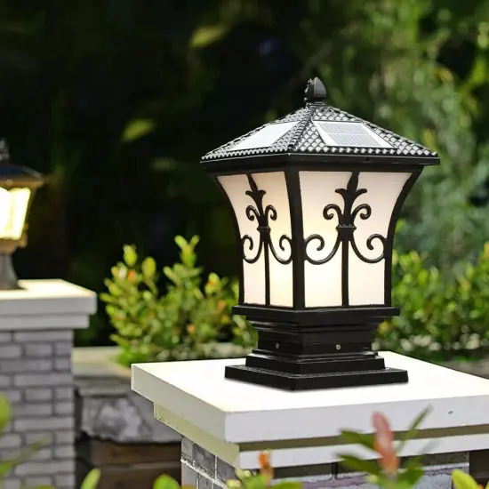 Solar Powered LED Post Light Stylish Black Outdoor Pillar Lamp for Garden Lawn {3}