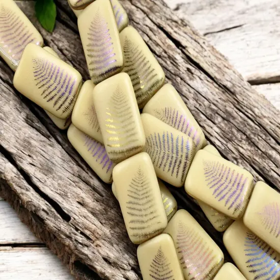 *6* 18x12mm Opaque Beige Sliperit Fern Leaf Laser Tattoo Rectangle Bead {3}