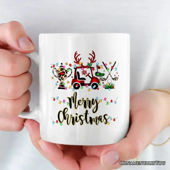 Buffalo Plaid Christmas Mug, Golf Cart, Putter and Trophy Golfing Gift {2}