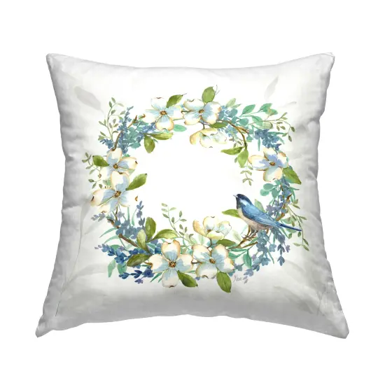 Dogwood Wreath & Bluebirds Decorative Printed Throw Pillow Design by Nan, 18 x 7 x 18 {1}