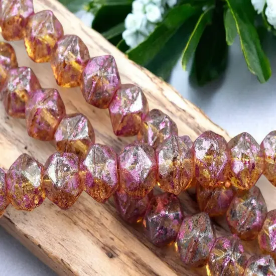 *10* 10mm Pink Washed Crystal Topaz Picasso Antique Cut Round Beads {4}
