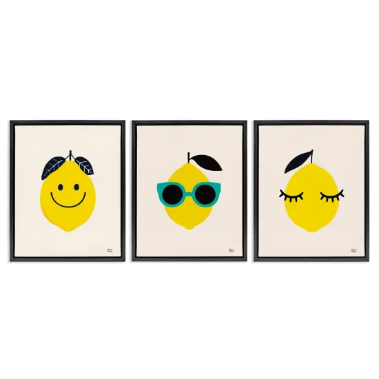 Stupell Industries Hip Summer Lemon Faces 3 pc Framed Floater Canvas Wall Art Set Design by Jessica Beck {1}