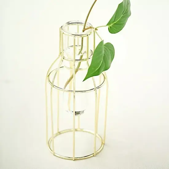 2 Gold Metal Geometric Bottles Clear Glass Tubes Flower Vase Holders {3}