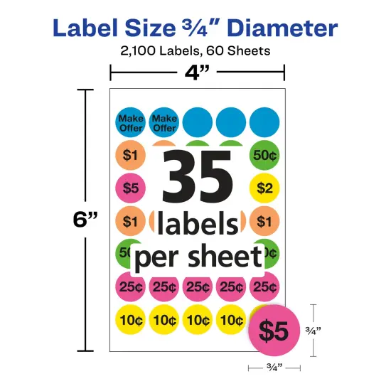 Avery Preprinted Removable Pricing Labels, 3/4 Inch Round Labels, Assorted Neon Colors, Non-Printable, 6 Packs, 2,100 Pricing Stickers Total (21918) {5}