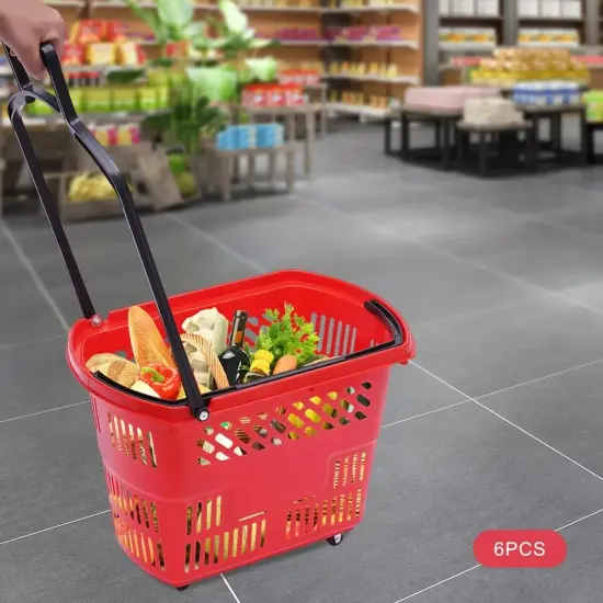 6Pcs Durable Red Rolling Shopping Basket with Wheels and Handle in Supermarkets {2}