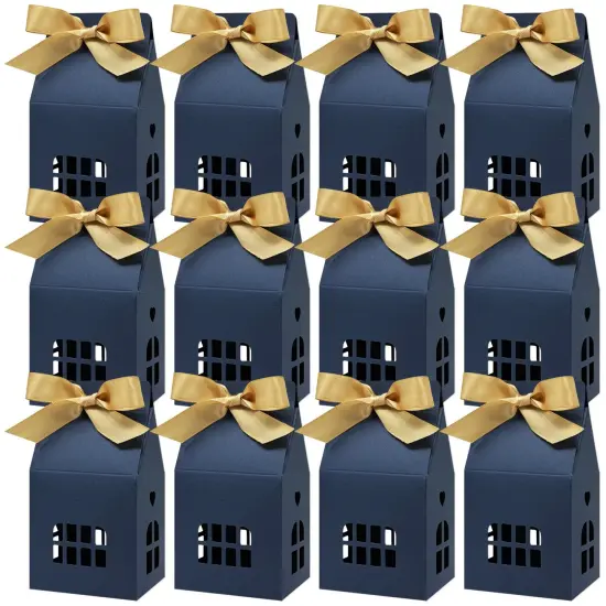 Wrapables House Shaped Gift Boxes with Ribbons for Weddings, Housewarming, Cookies, Candies, Treats, Party Favors (Set of 12), Blue {1}